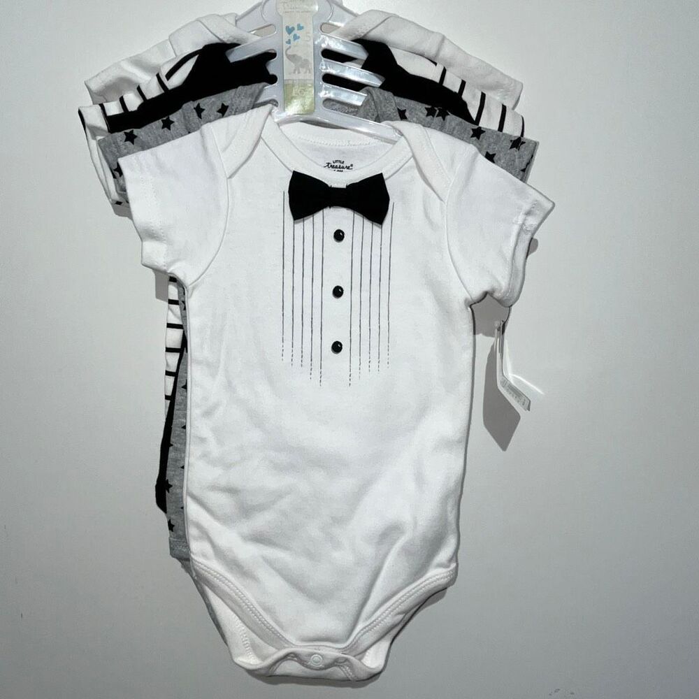Lot of 5 Little Treasure Baby Boys Bodysuits Black White Size 6-9 Months NWT